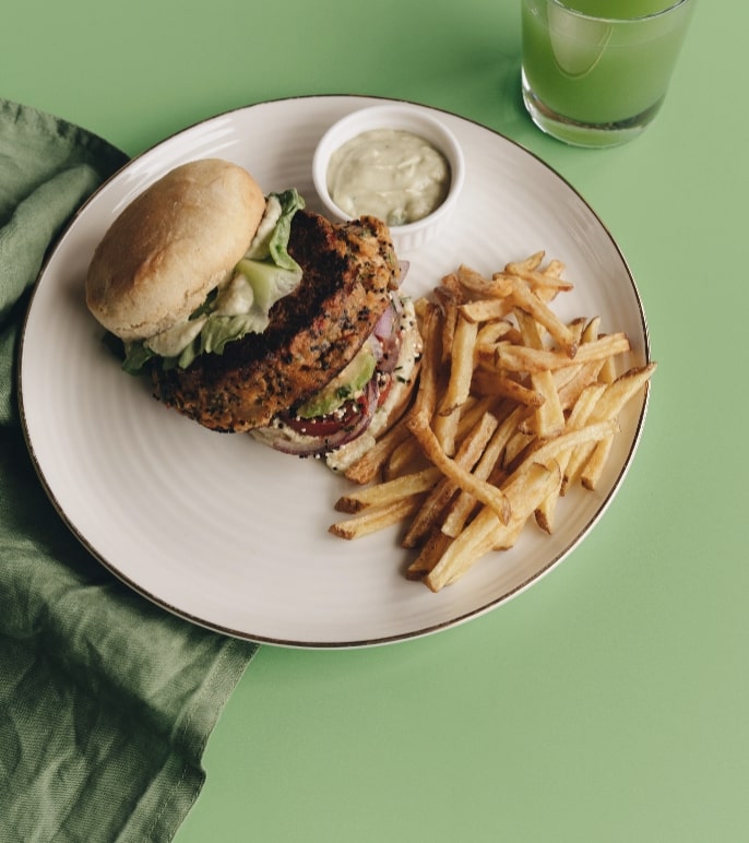 Plate of food with a burger and fries